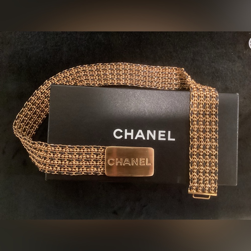 Authentic CHANEL Gold and Leather Multi-Row Chain Belt with Logo Plaque